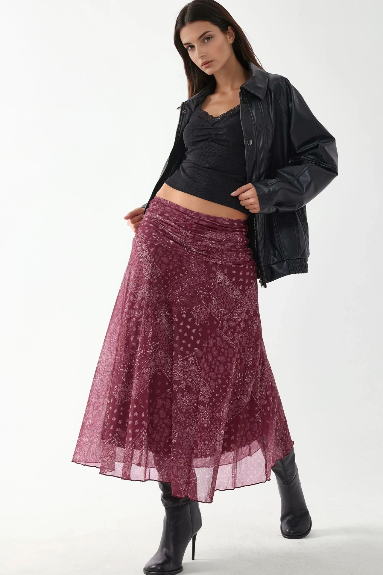 Patterned Midi Wrap Skirt with Ruffle Detail 4