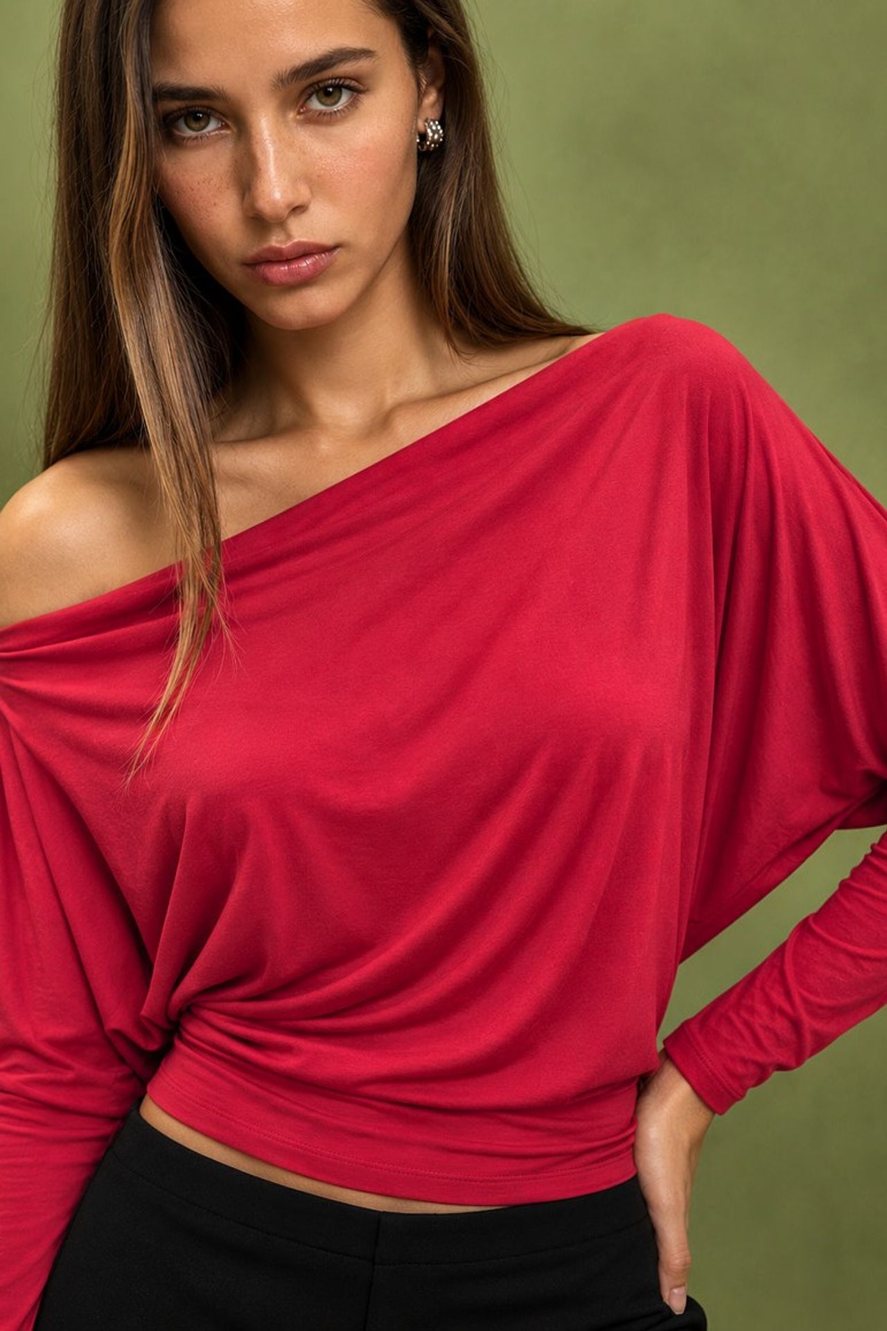 Asymmetrical Collar Long Sleeve Elastic Knit T-Shirt 2