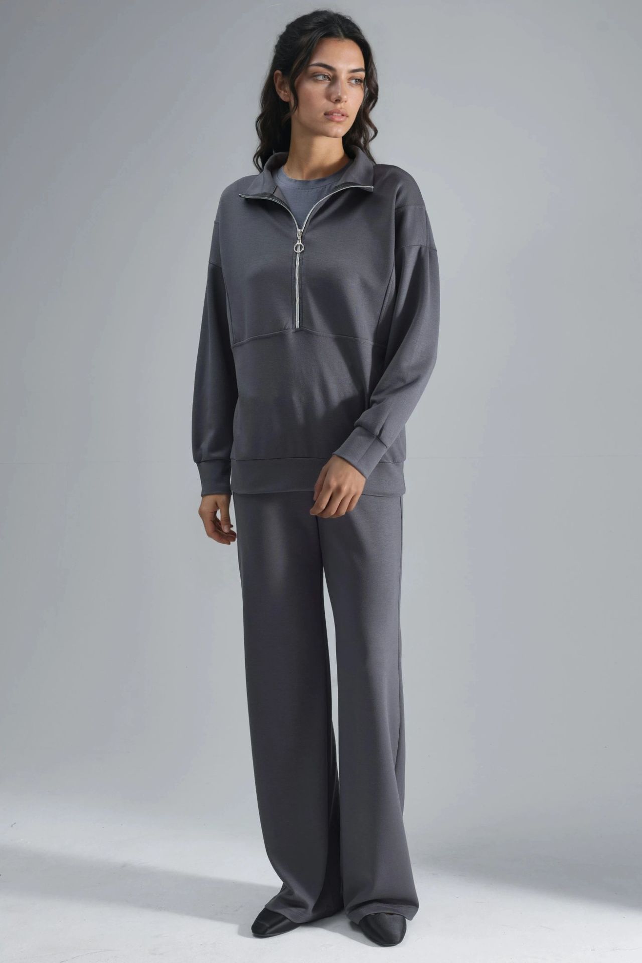 Modal Touch Two-Piece Wide Leg Set with Zipper Collar Bersan Collection