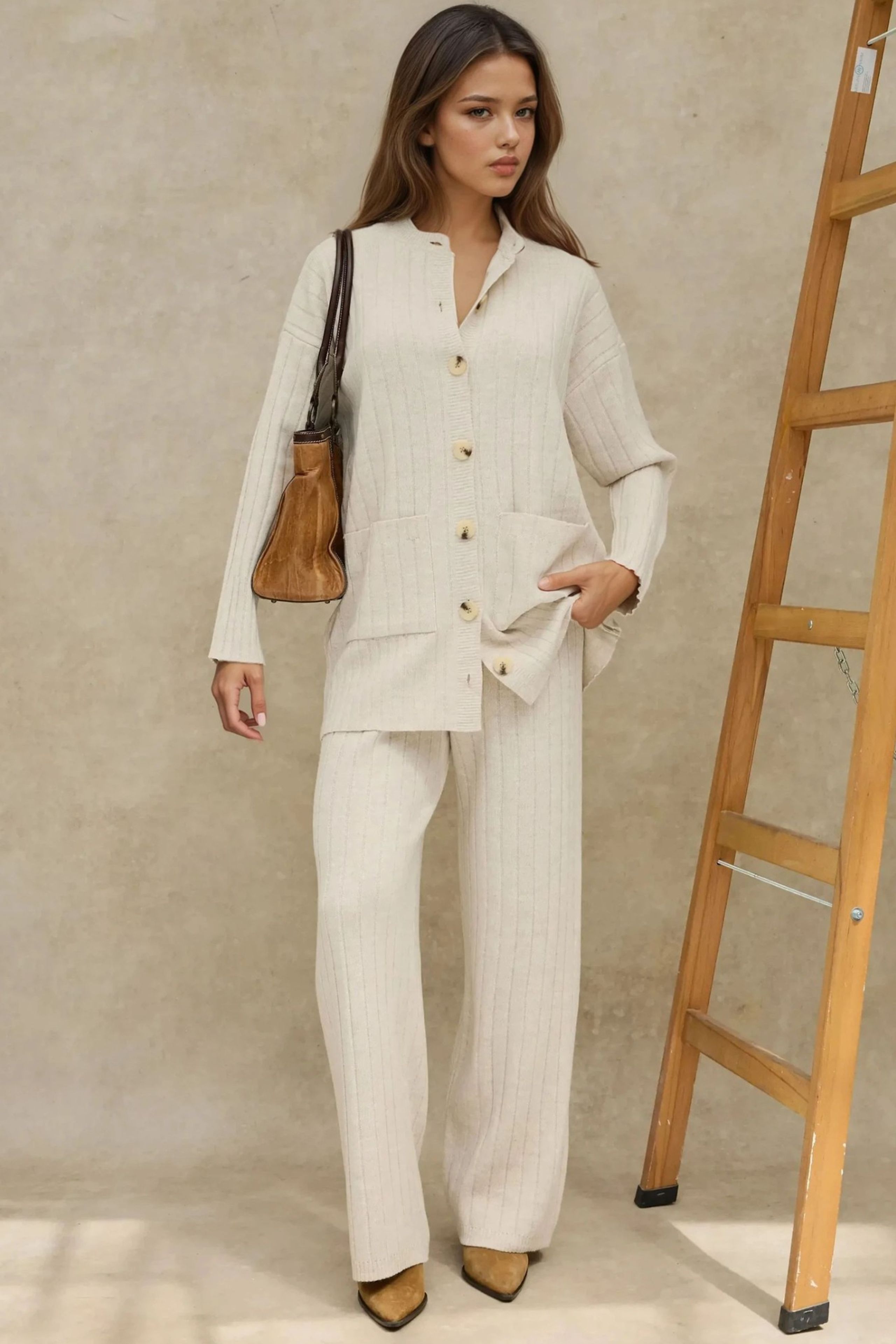 HiCCUP - Beige Natural Textured Knit Co-ord Set With Button Detail