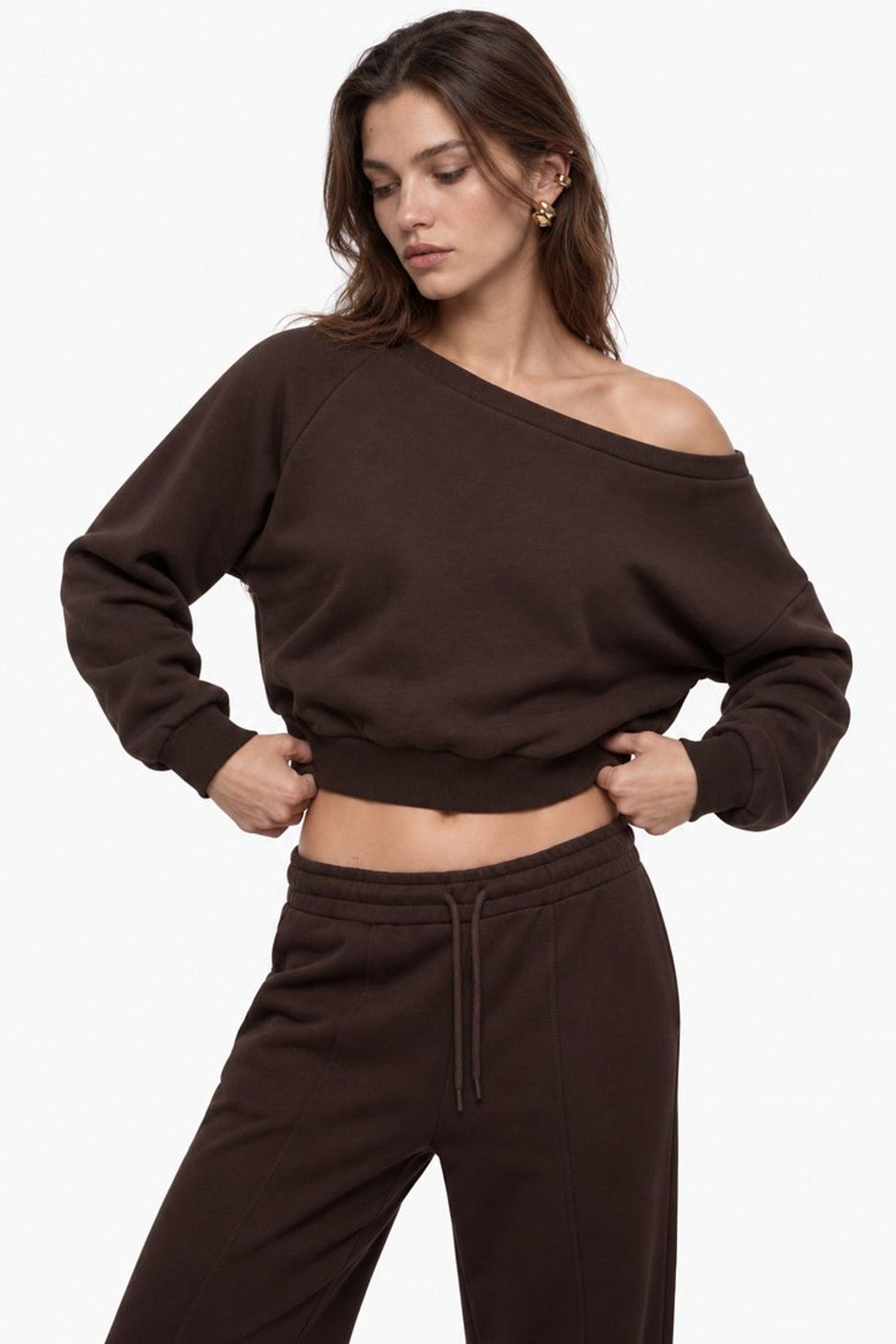 Long Sleeve Three-Thread Asymmetric Boat Neck Sweatshirt 2