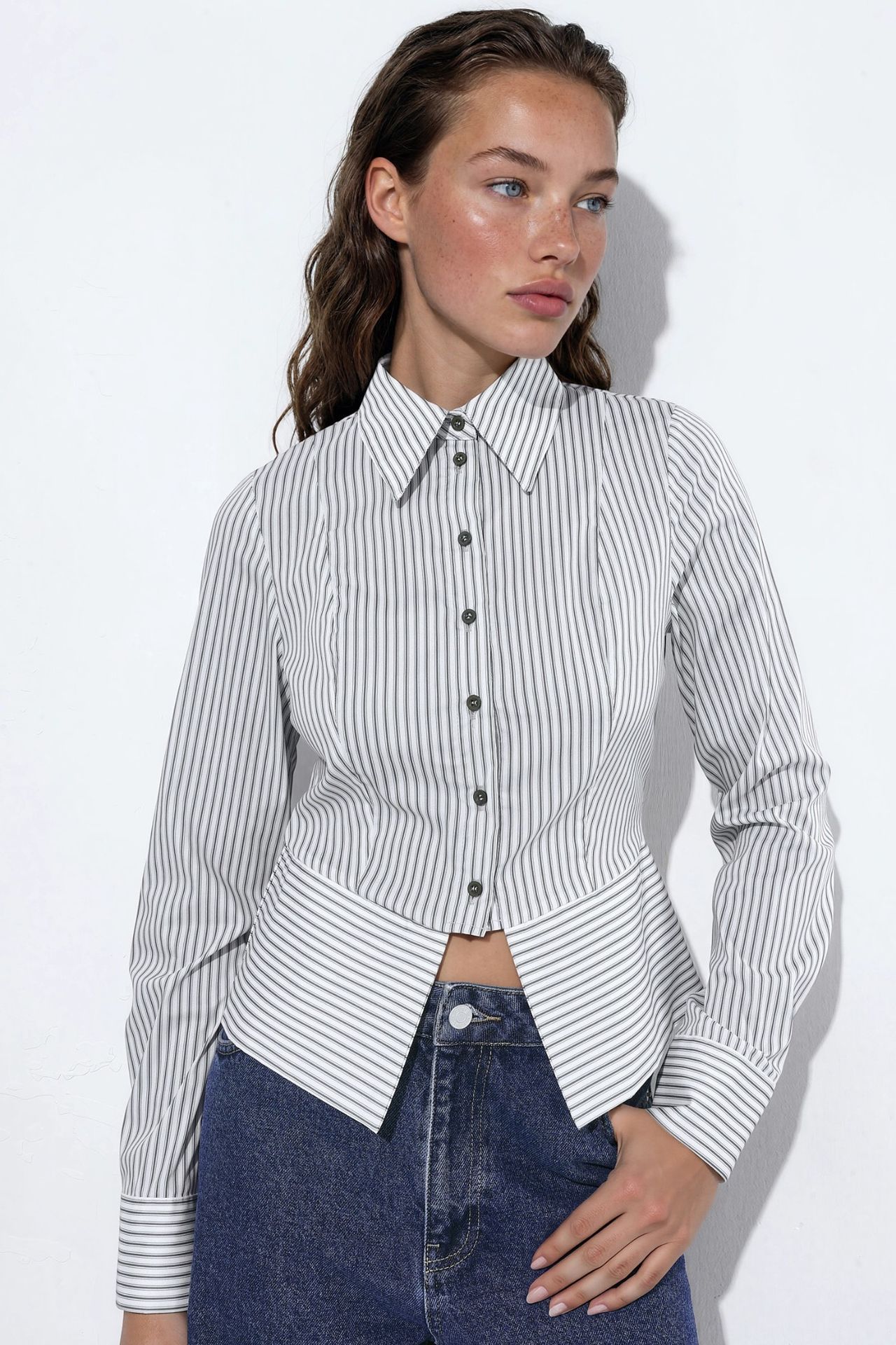Striped Fitted Shirt with Peplum Detail