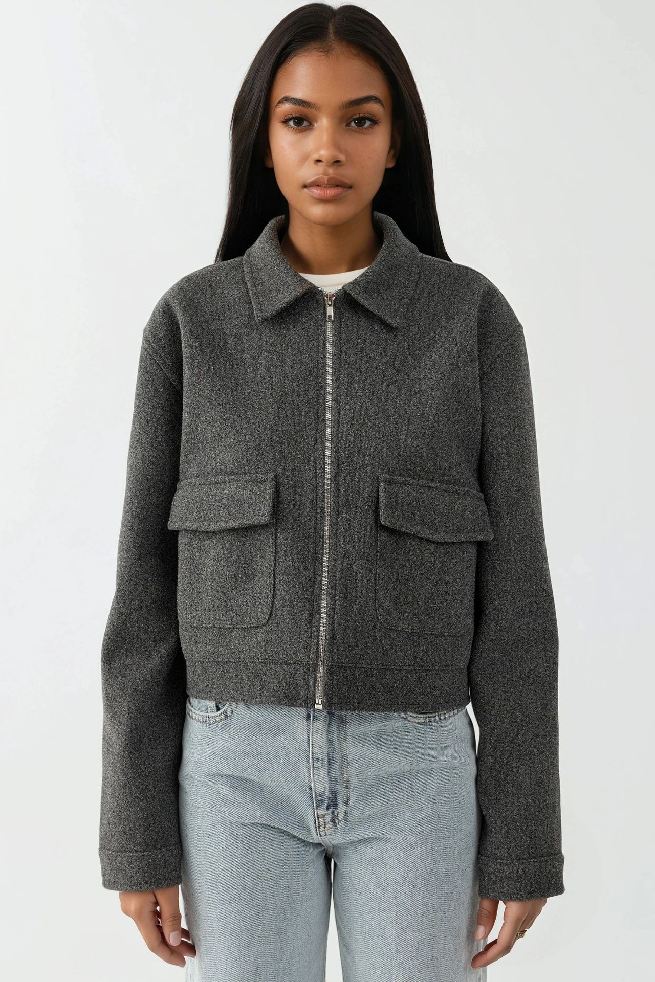 Textured Crop Jacket with Zipper