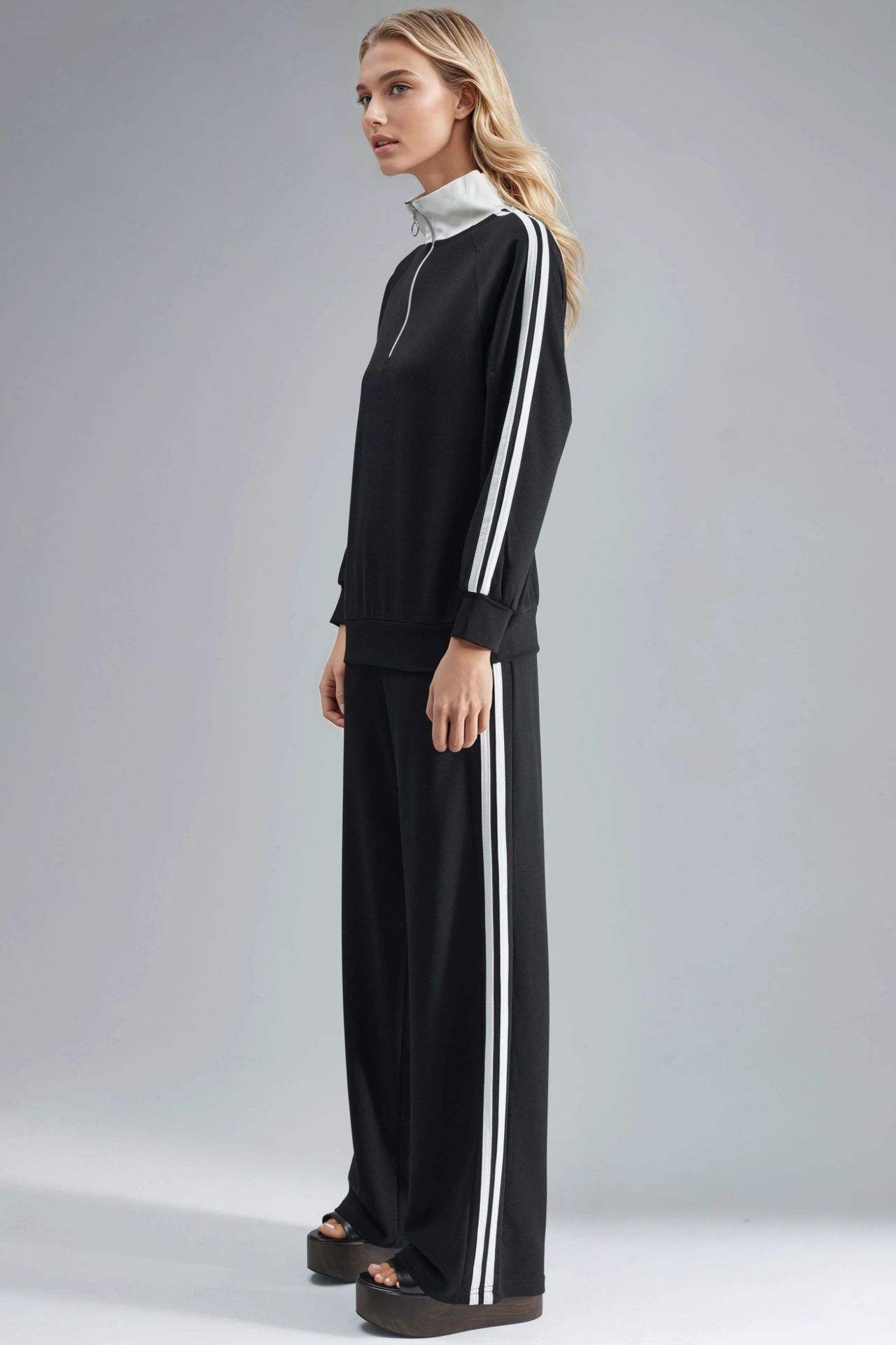 Modal Touch Wide Leg Striped Two-Piece Coord Set with Zipper Collar Bersan Collection