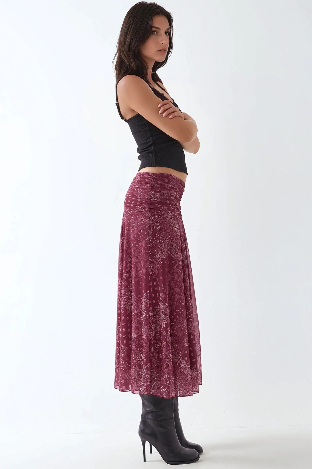 Patterned Midi Wrap Skirt with Ruffle Detail 5