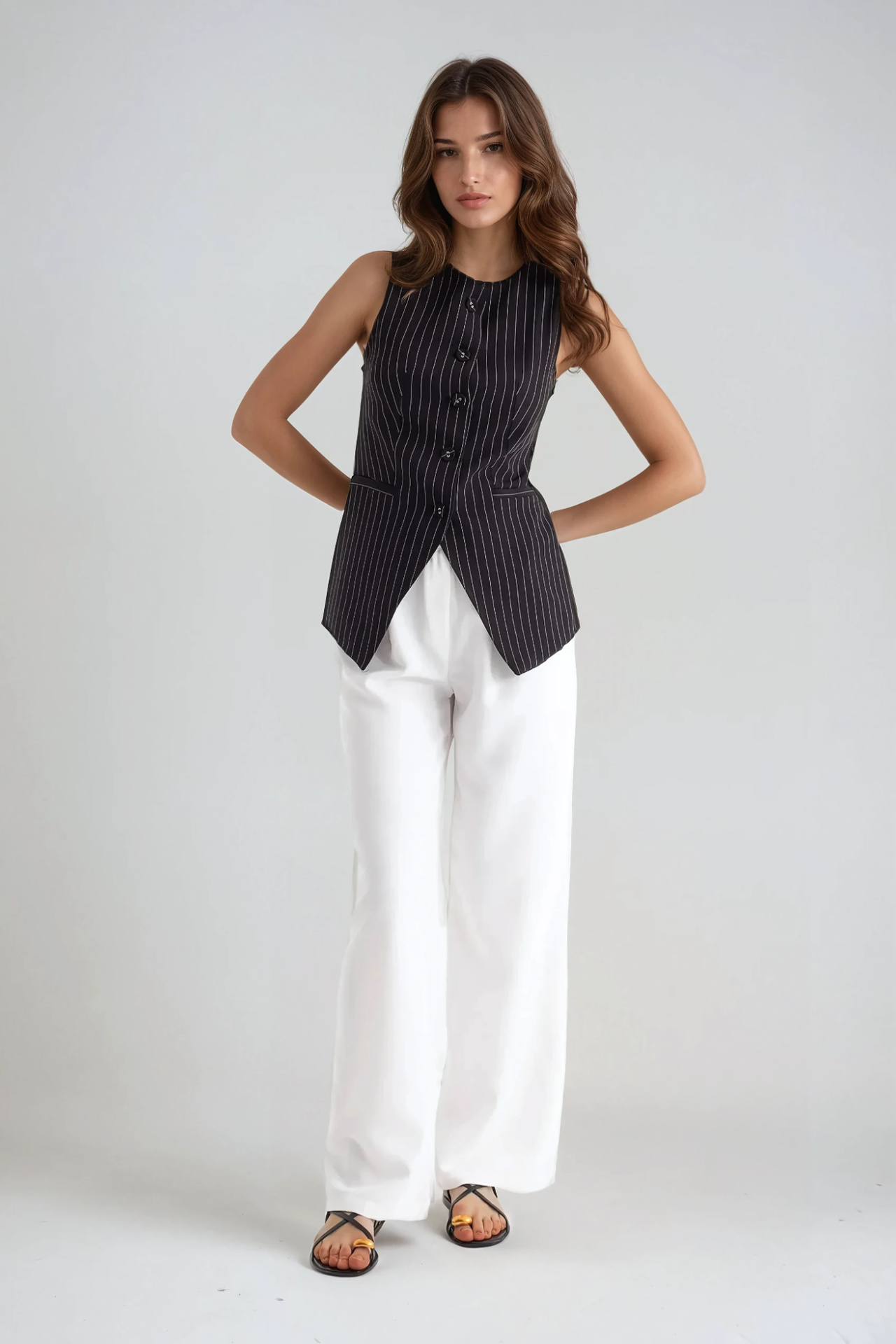 Striped Crew Neck Buttoned Vest