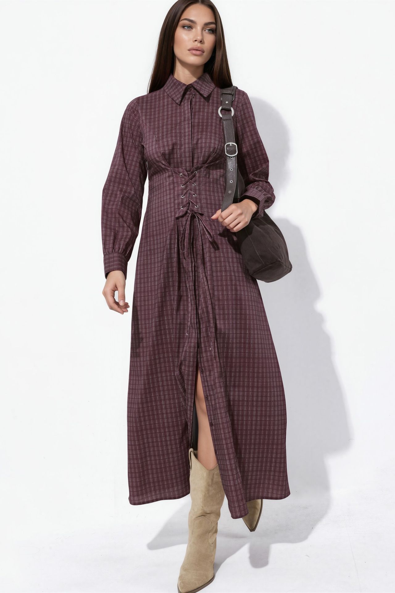 Plaid Shirt Dress with Corset Lace-Up Detail 1