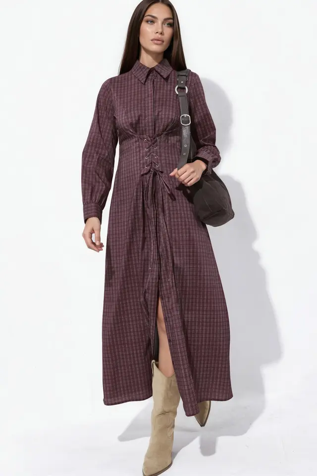 Plaid Shirt Dress with Corset Lace-Up Detail
