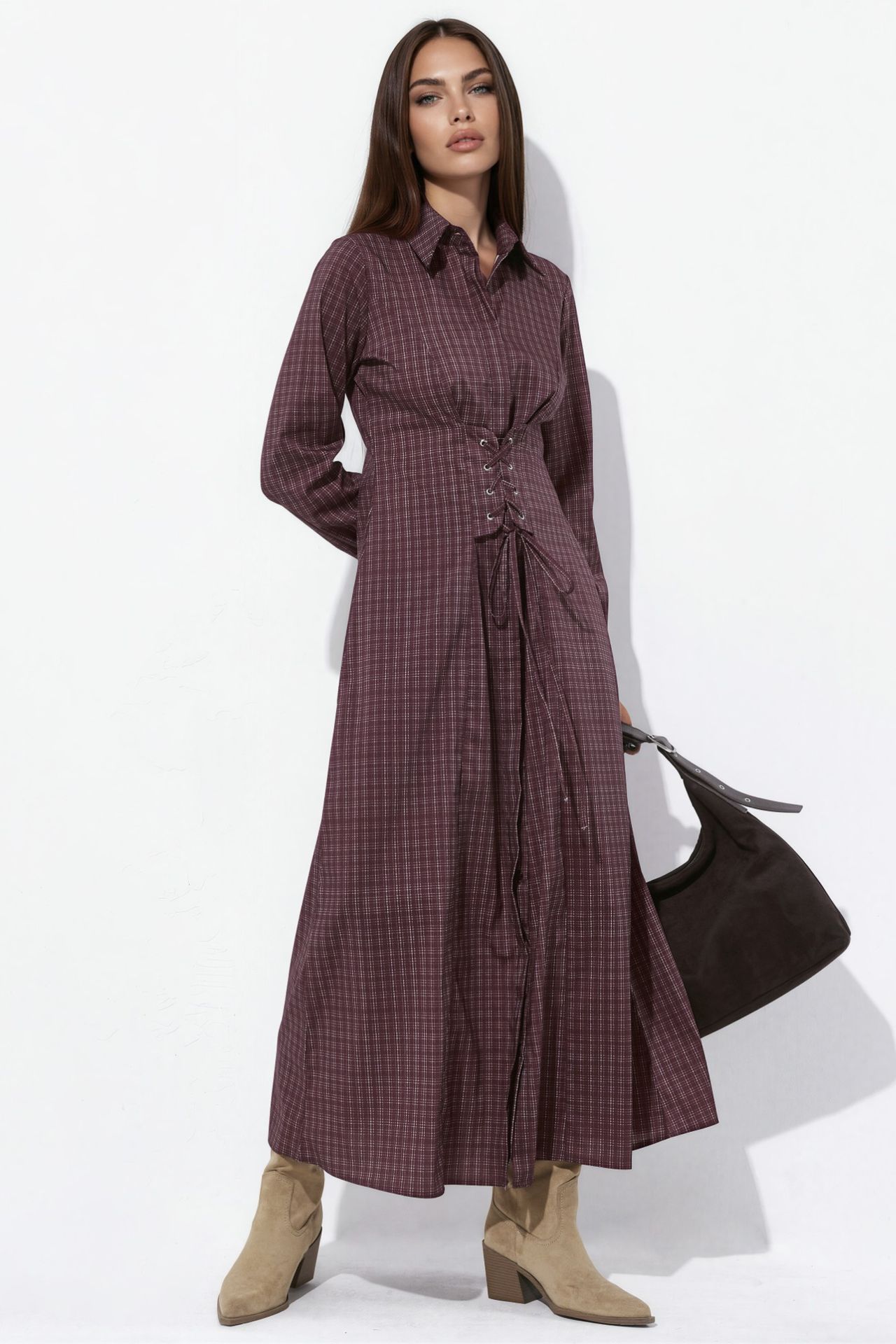 Plaid Shirt Dress with Corset Lace-Up Detail 6