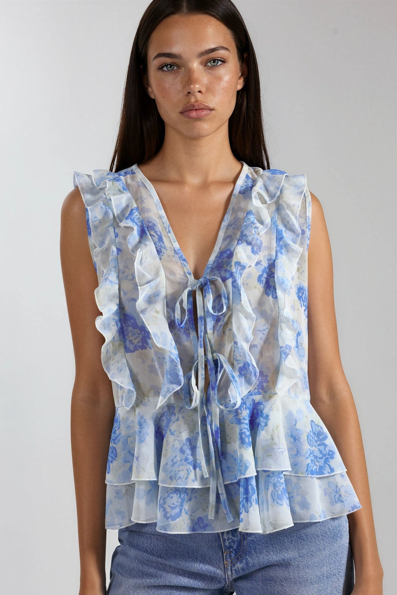 Floral V-Neck Chiffon Blouse with Tie Closure 1