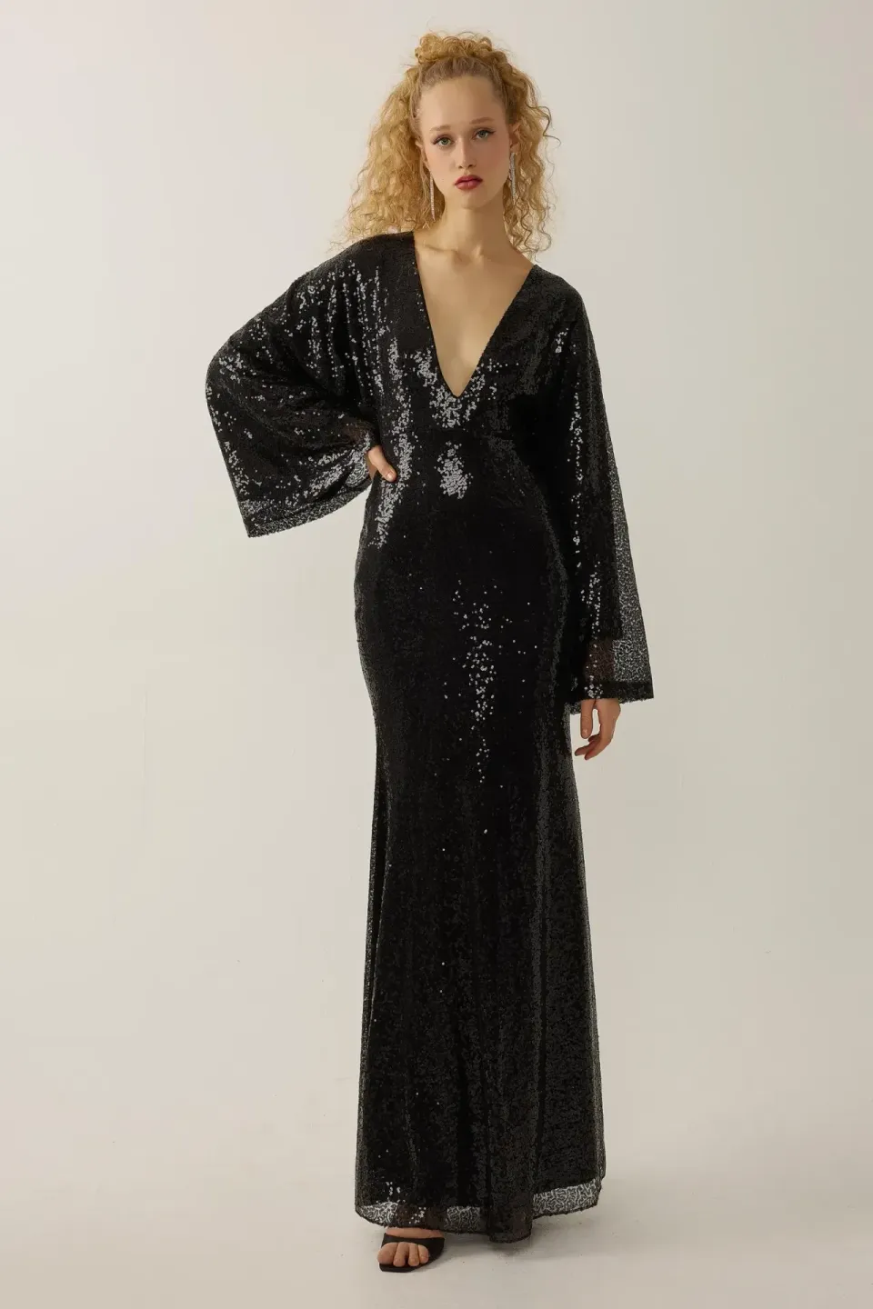 Sequin V-Neck Angel Sleeve Maxi Dress