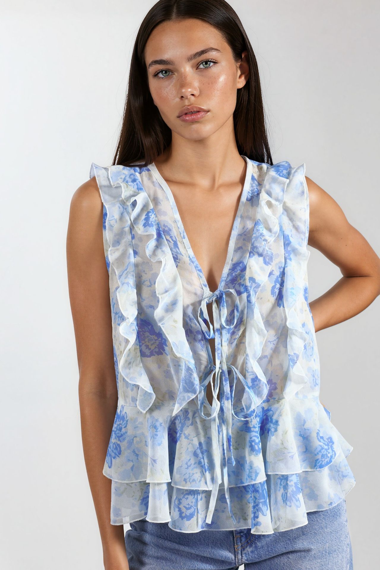 Floral V-Neck Chiffon Blouse with Tie Closure 3