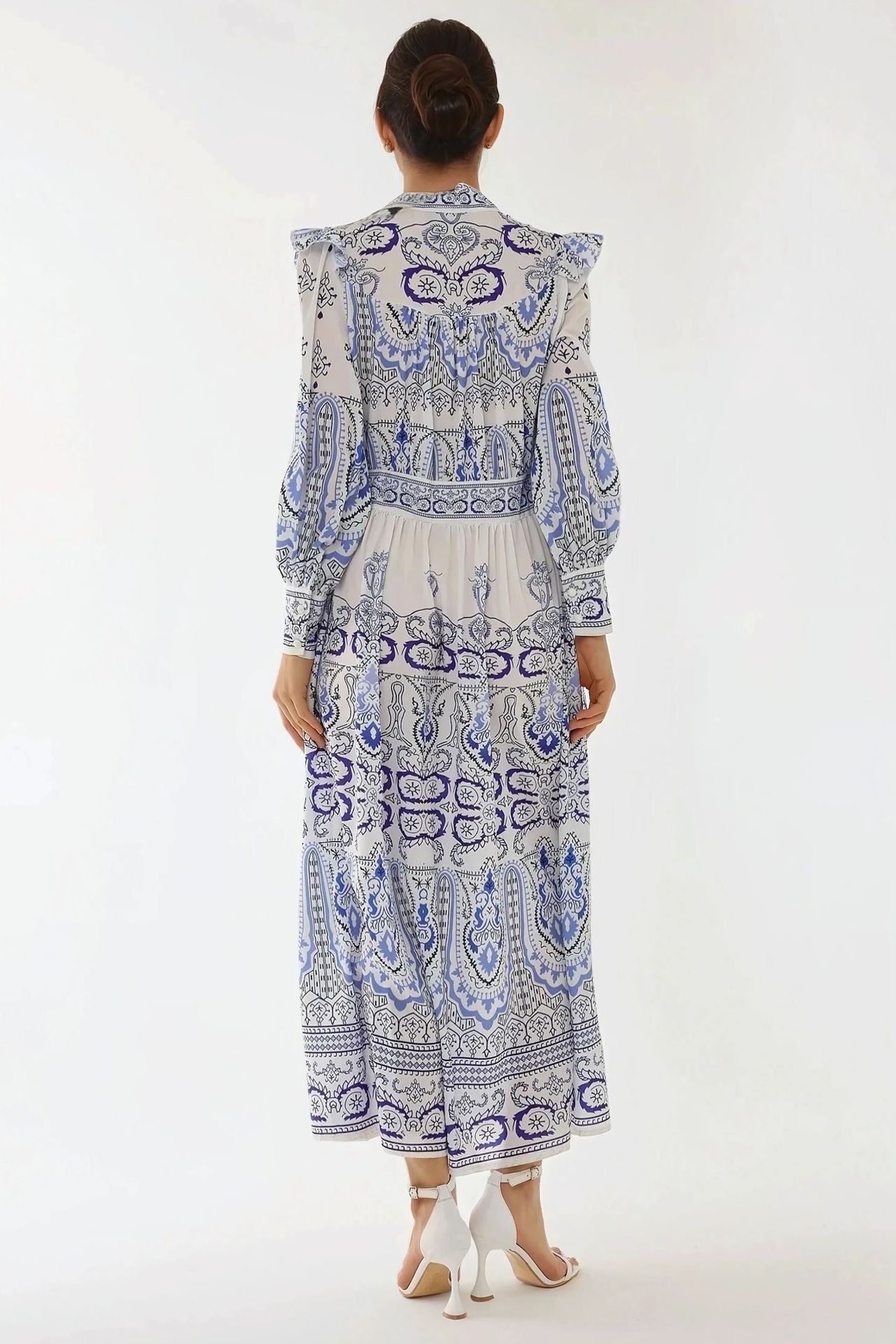 Printed V-Neck Maxi Dress with Ruffle Detail