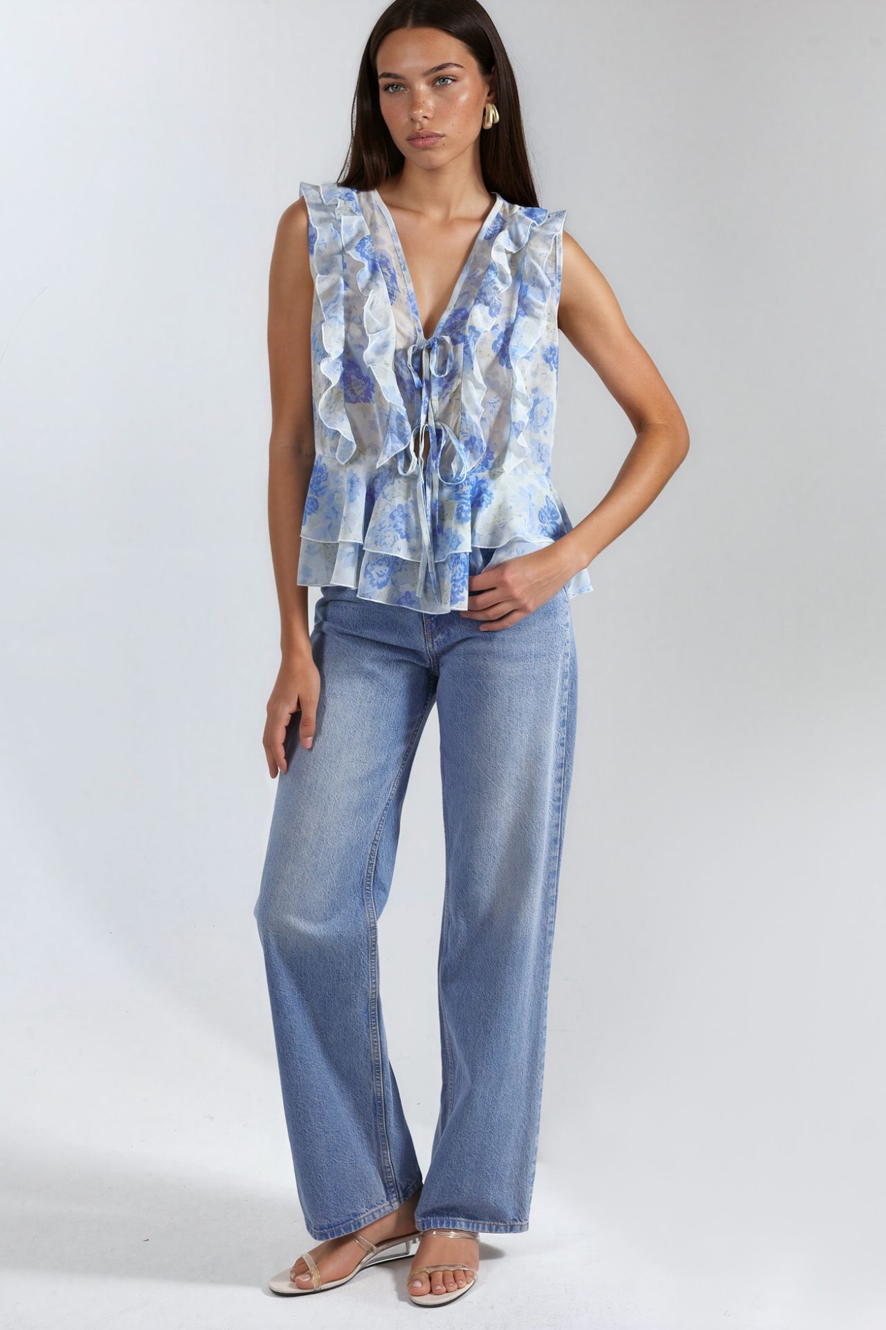 Floral V-Neck Chiffon Blouse with Tie Closure 5