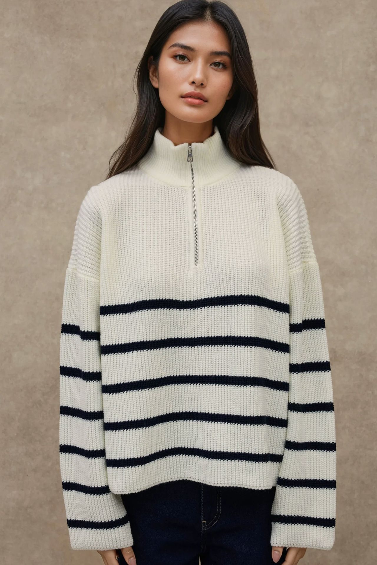 Striped Long Sleeve Zipper Collar Sweater 2