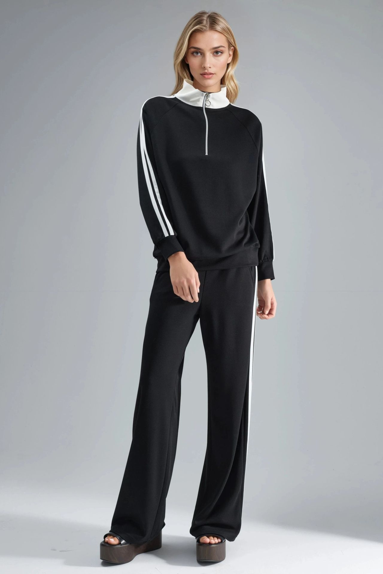 Modal Touch Wide Leg Striped Two-Piece Coord Set with Zipper Collar Bersan Collection