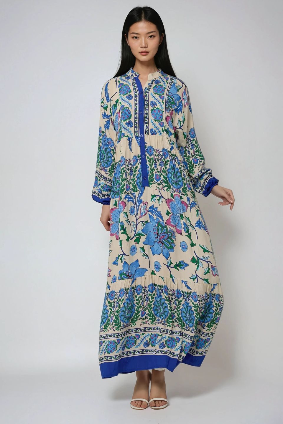 Patterned Maxi Dress with Shirt Collar