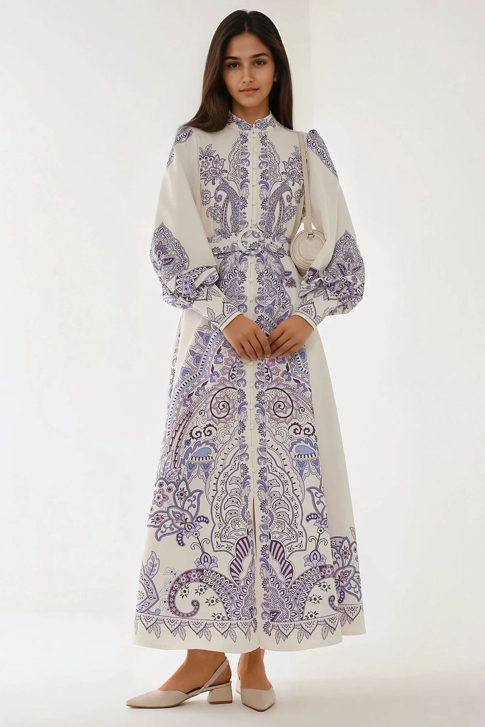 Printed Long Sleeve Maxi Dress with Belt