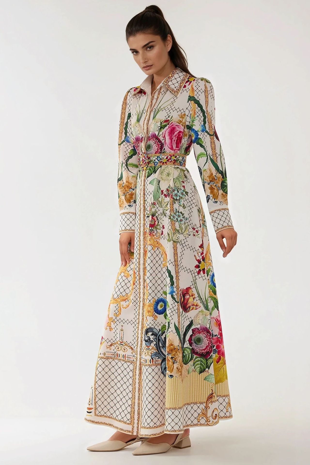 Printed Long Sleeve Maxi Dress with Belt