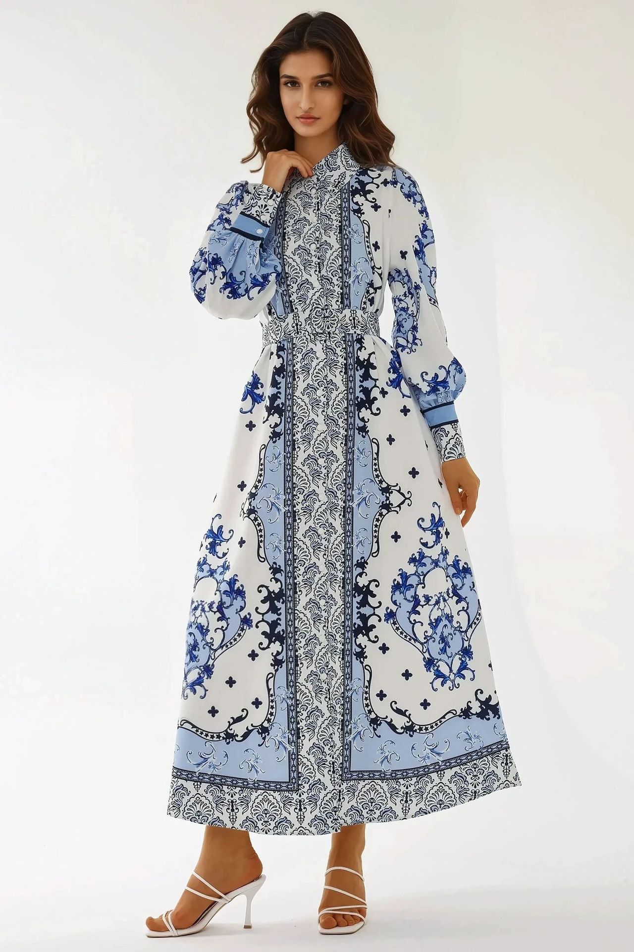 Printed Long Sleeve Maxi Dress with Belt