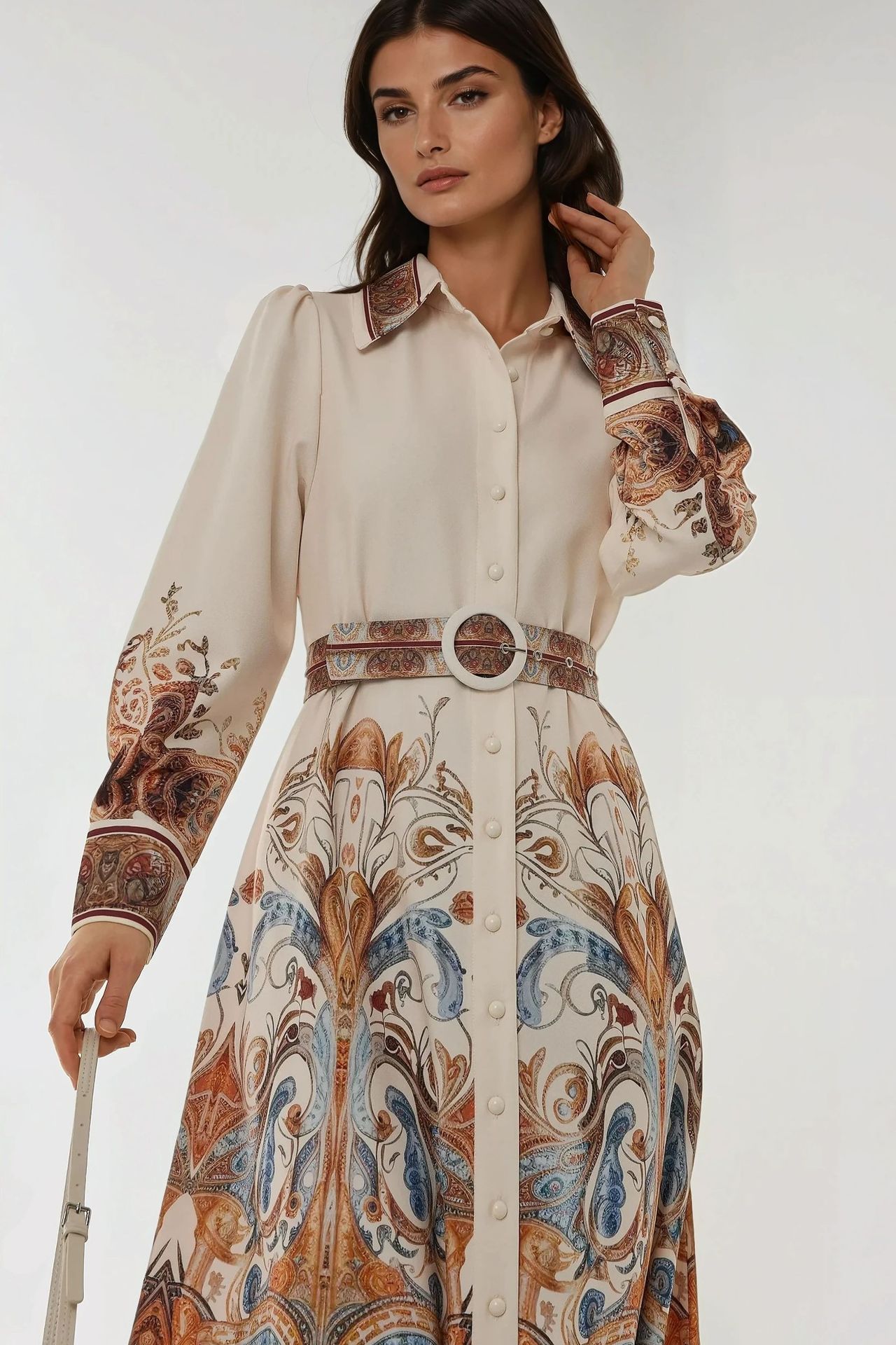 Printed Long Sleeve Maxi Dress with Belt