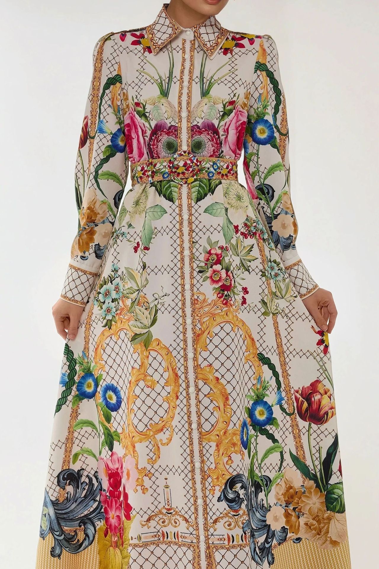 Printed Long Sleeve Maxi Dress with Belt