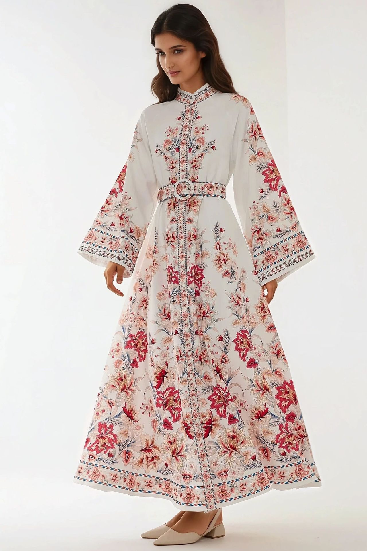 Printed Long Sleeve Maxi Dress with Belt