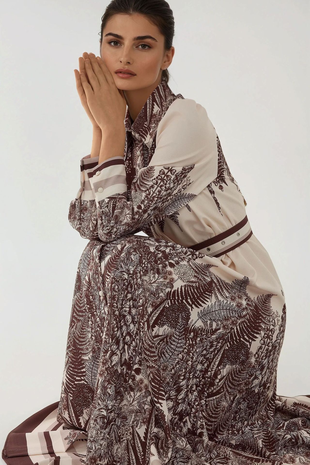 Printed Long Sleeve Maxi Dress with Belt