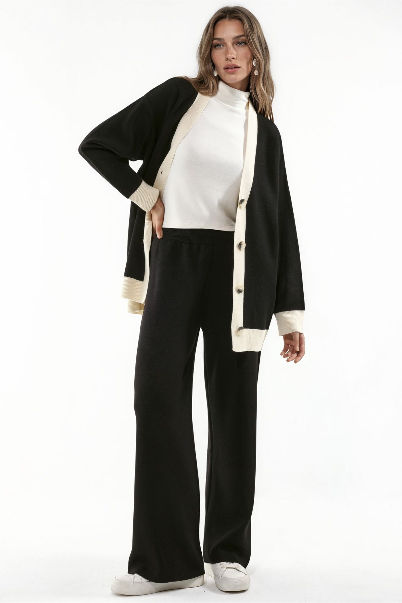 Buttoned Cardigan & Textured High Waist Knit Pants Co-Ord Set 4