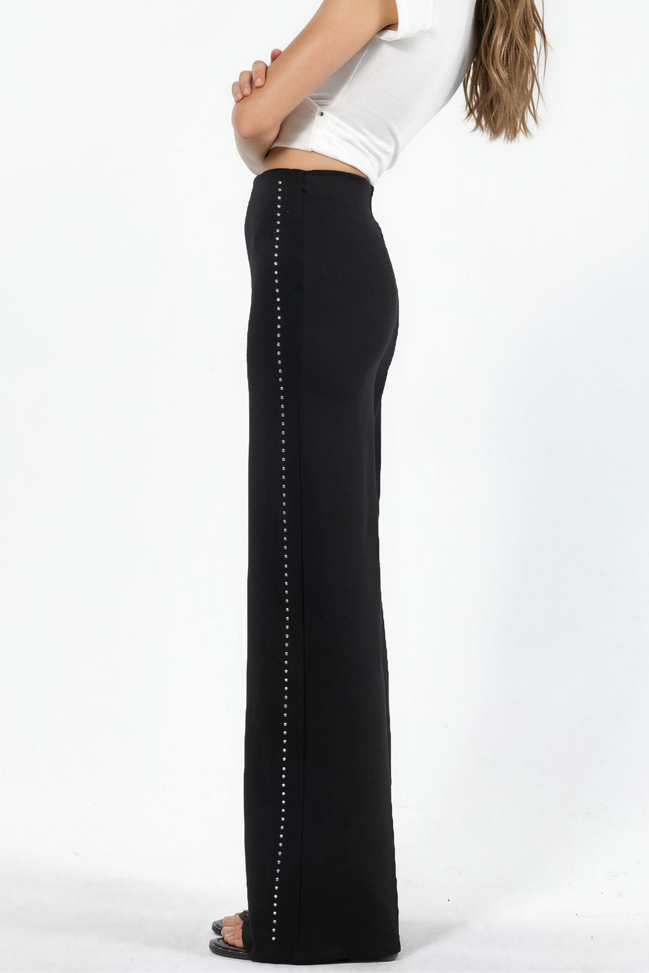 High Waist Straight Leg Pants with Stone Accessory 5