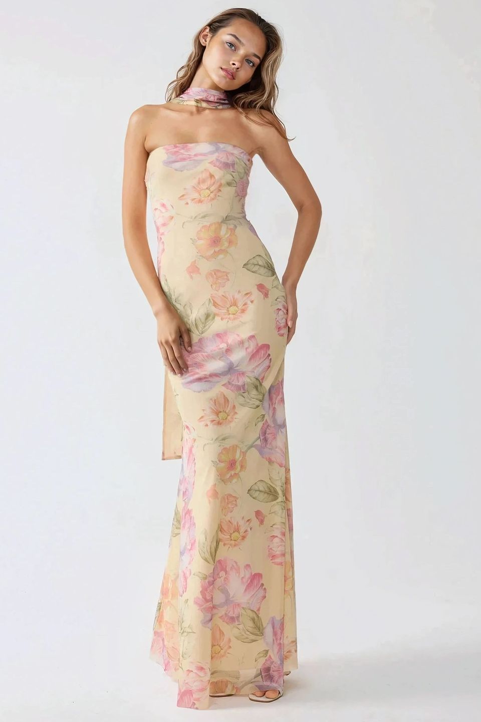 Strapless Flowering Bodycon Maxi Dress