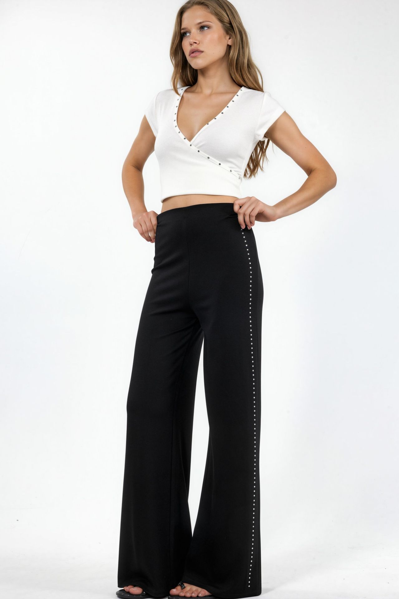 High Waist Straight Leg Pants with Stone Accessory 2