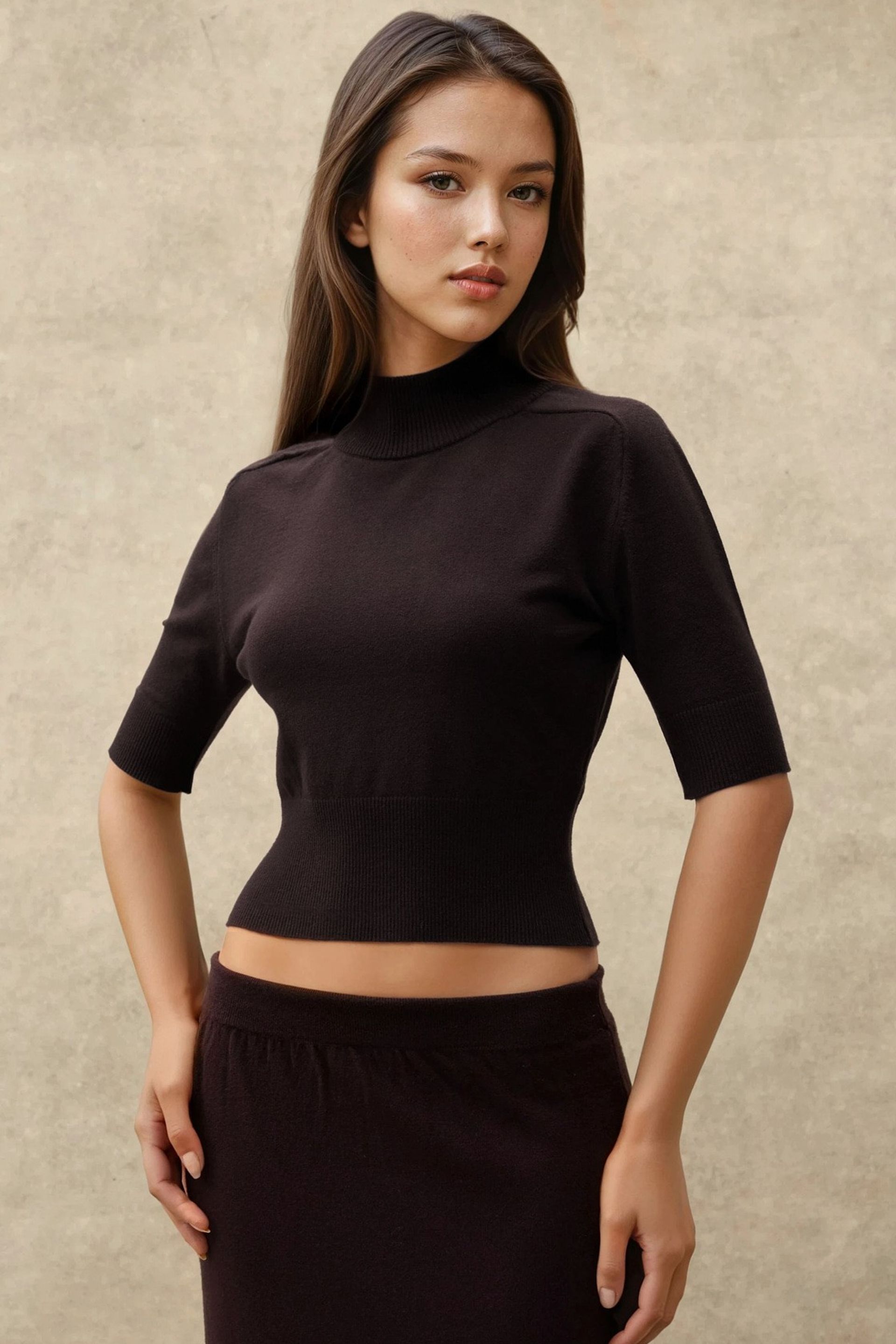Brown Textured Turtleneck Crop Sweater Women
