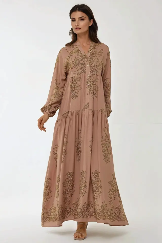Printed Viscon Maxi Dress with Shirt Collar