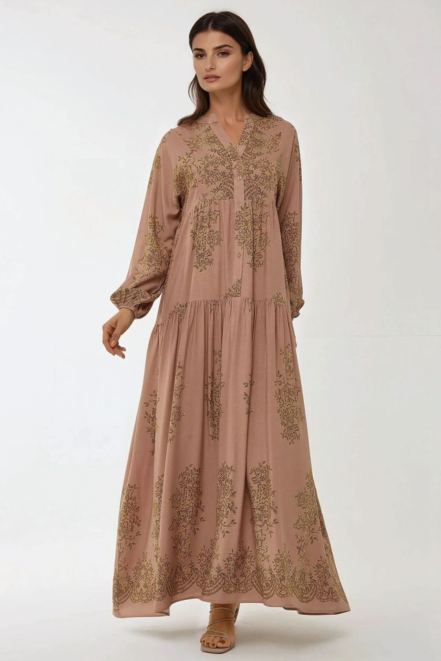 Printed Viscon Maxi Dress with Shirt Collar