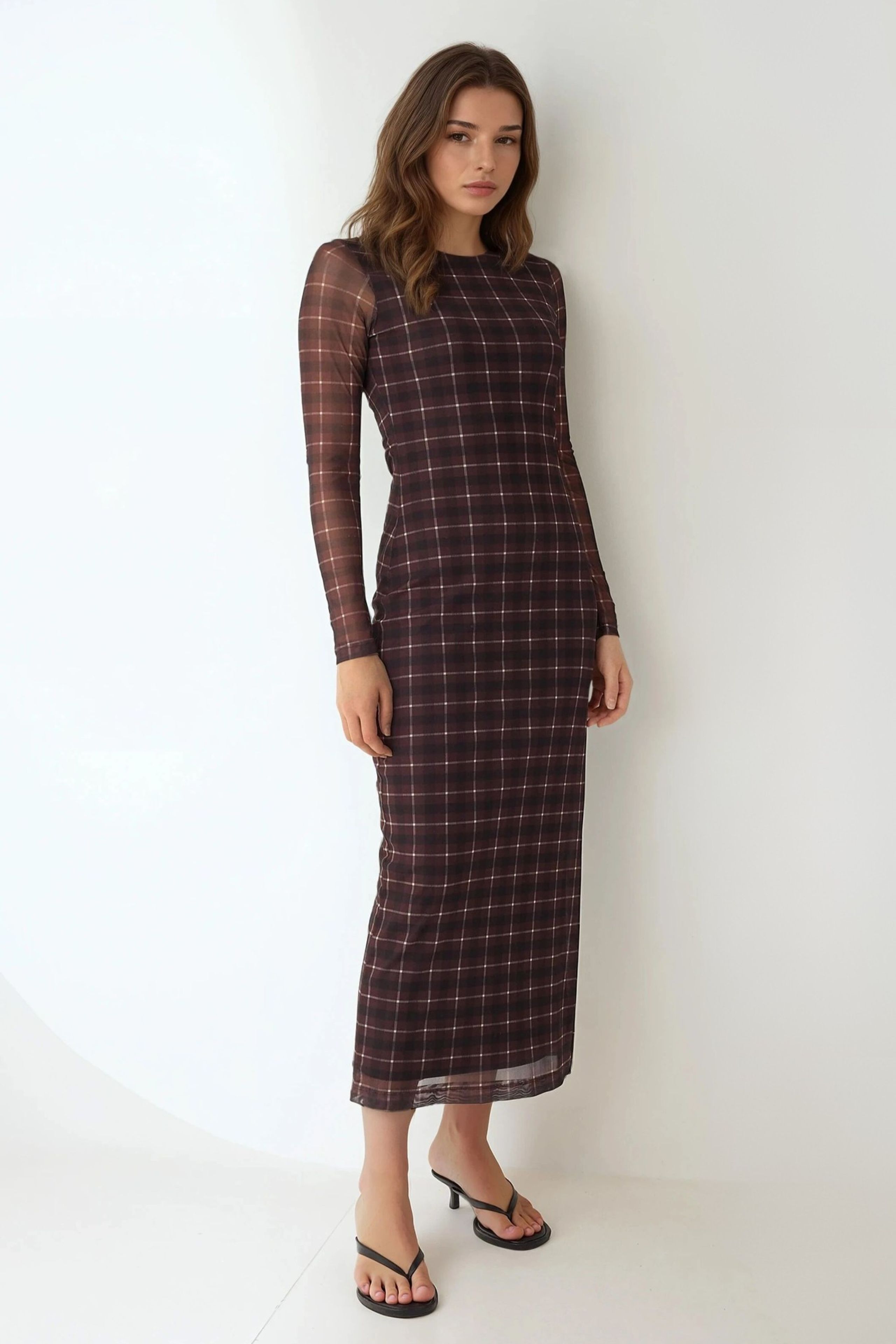 Mocha Brown Plaid Bodycon Midi Dress Women