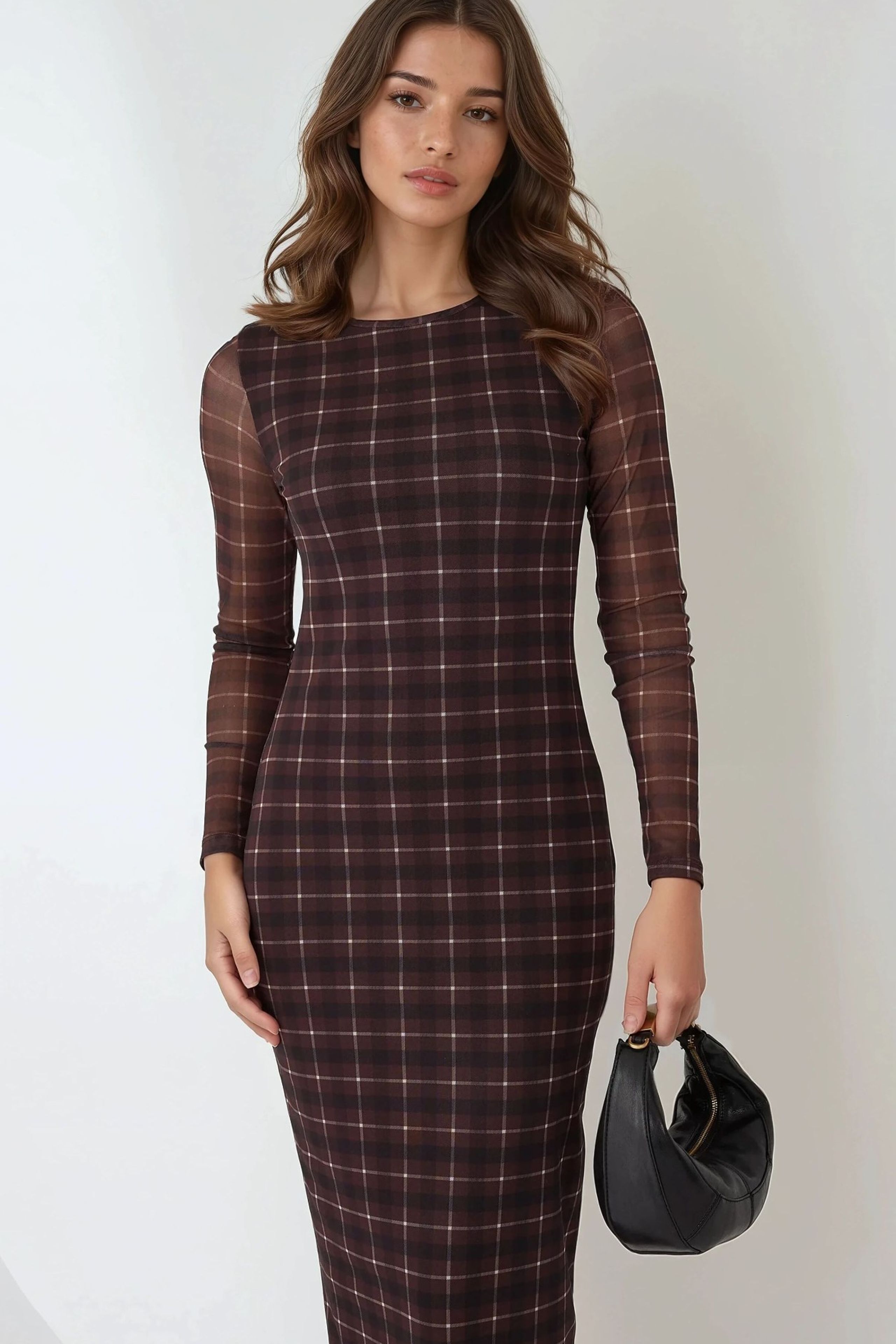 HiCCUP - Mocha Brown Plaid Bodycon Midi Dress Women