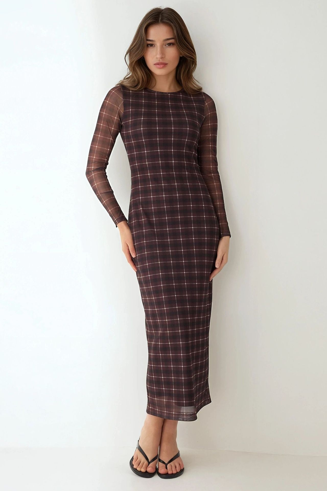 HiCCUP - Mocha Brown Plaid Bodycon Midi Dress Women