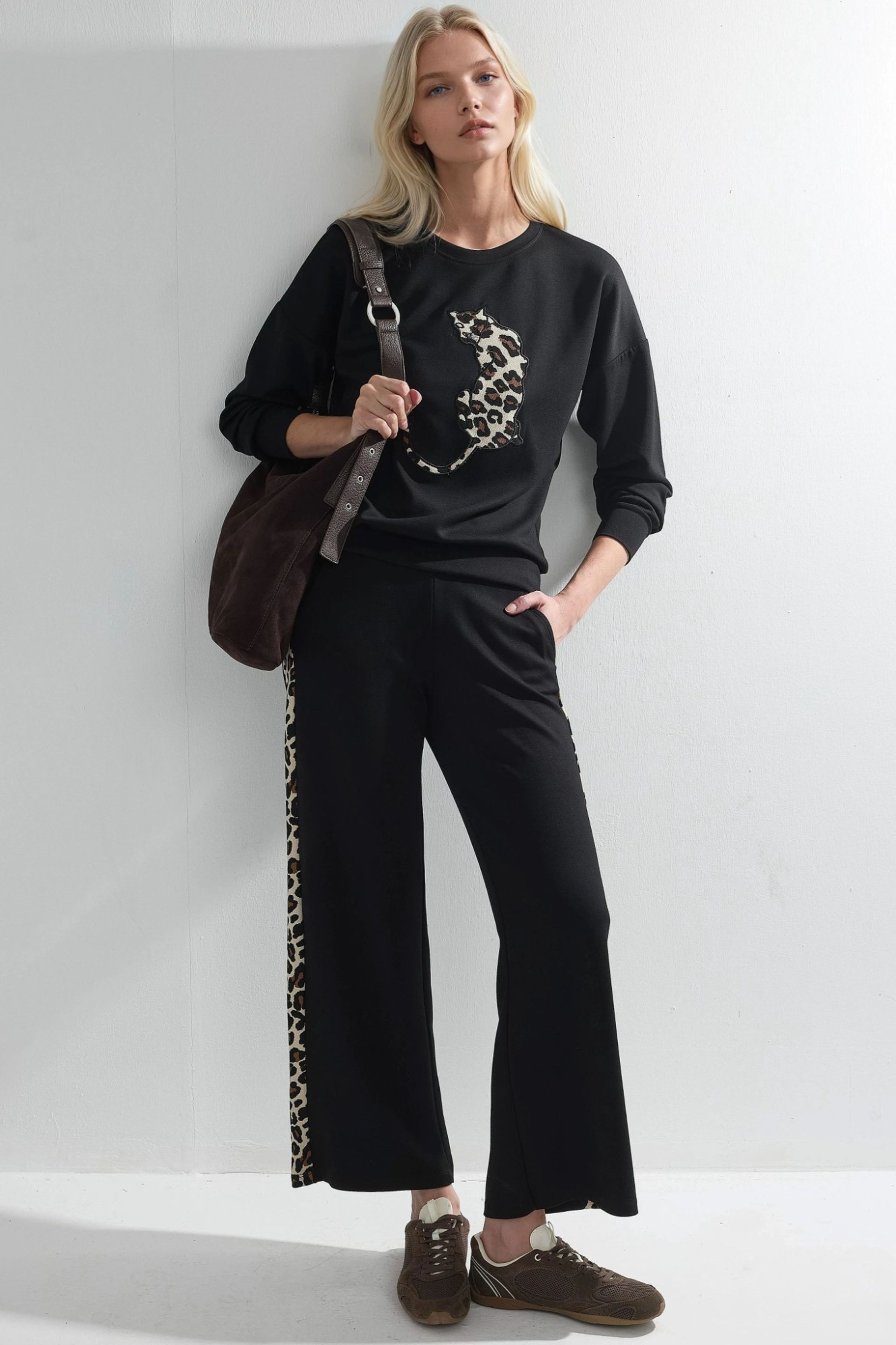 Black Modal Touch Leopard Pattern Two-piece Set Bersan Collection Women