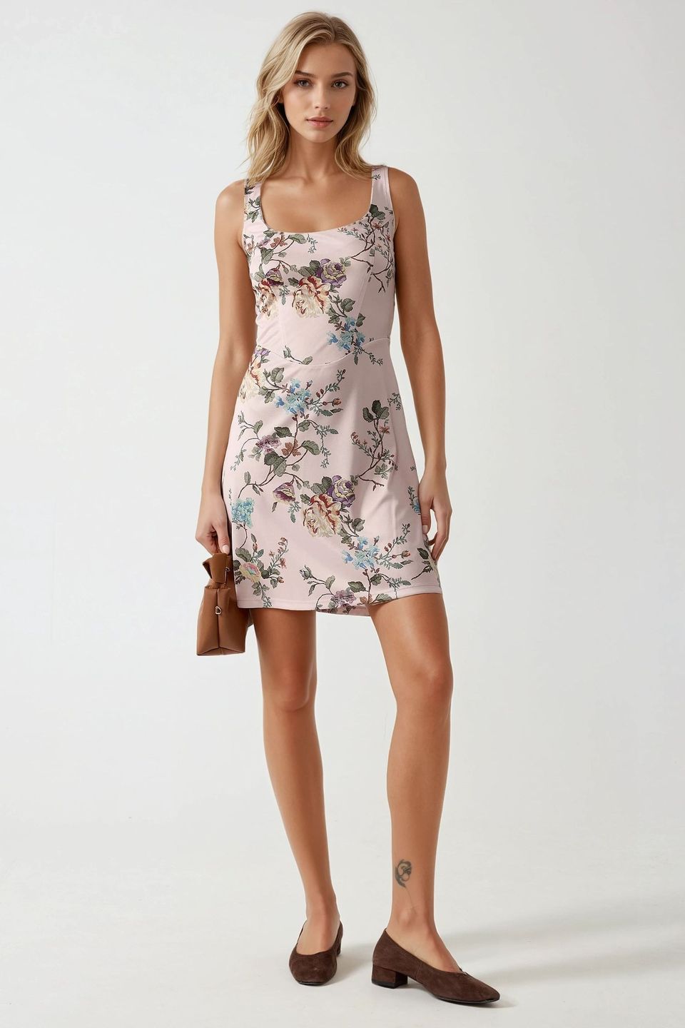 Bodycon Mini Dress with Square Collar and Floral Print