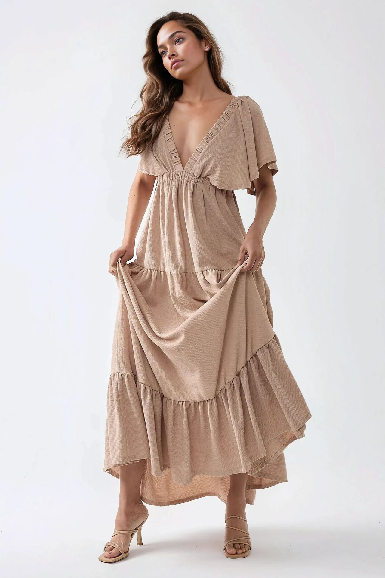Textured V-Neck A-Form Maxi Dress