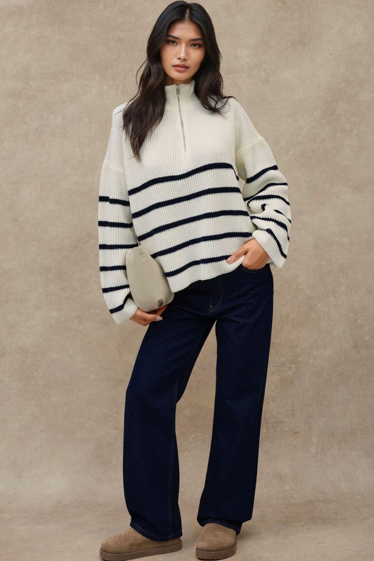 Striped Long Sleeve Zipper Collar Sweater 4