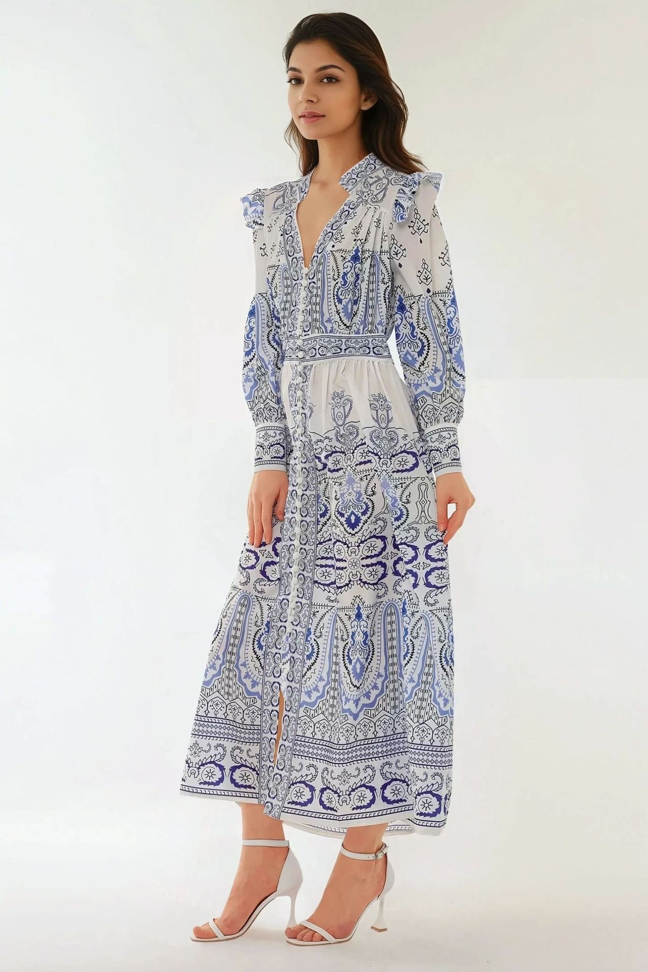 Printed V-Neck Maxi Dress with Ruffle Detail