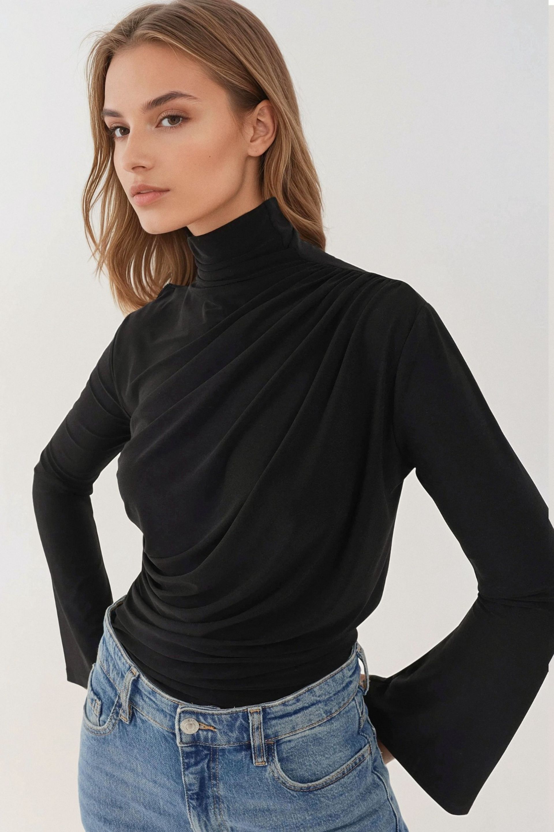 Black Draped Half Turtleneck Long Sleeve Slim Fit Top Women