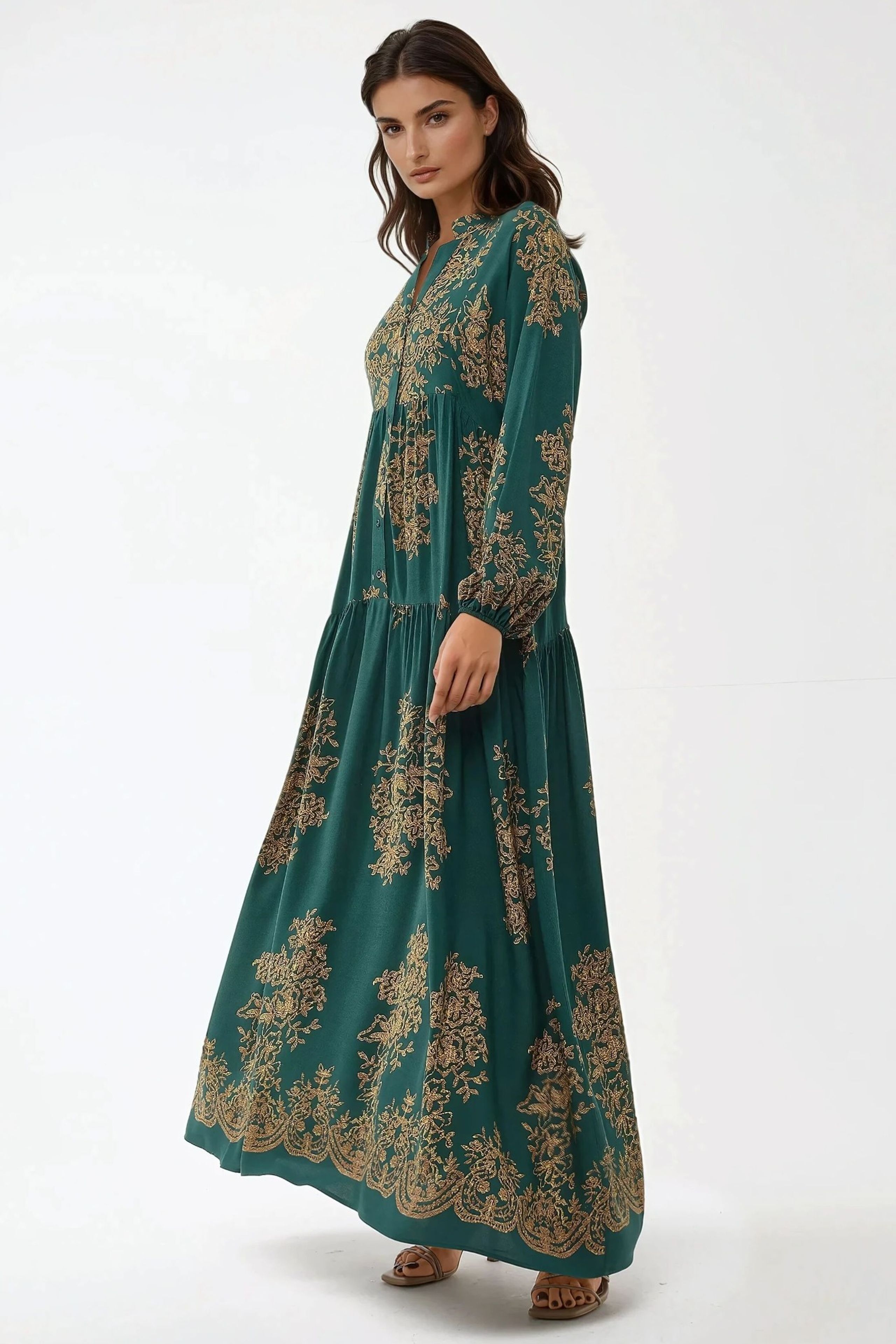 Green Printed Long Sleeve Viscose Maxi Dress Women