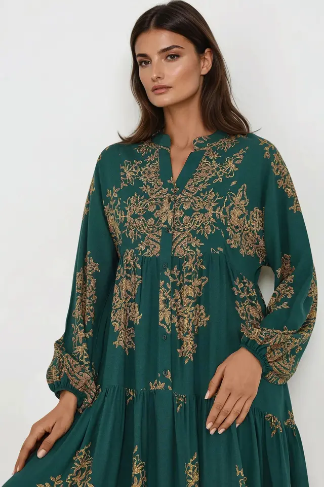 Printed Long Sleeve Viscose Maxi Dress 