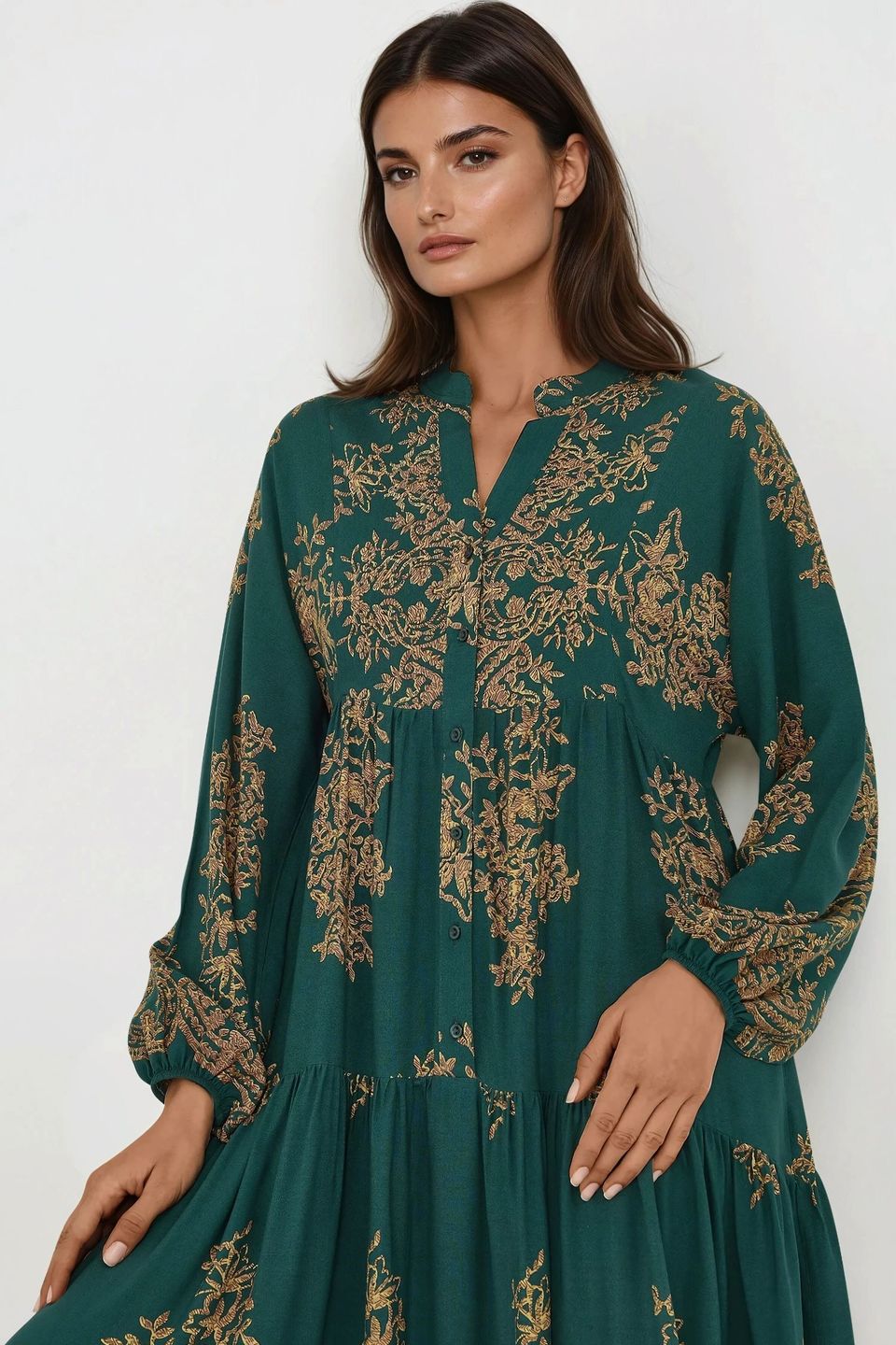 Printed Long Sleeve Viscose Maxi Dress 