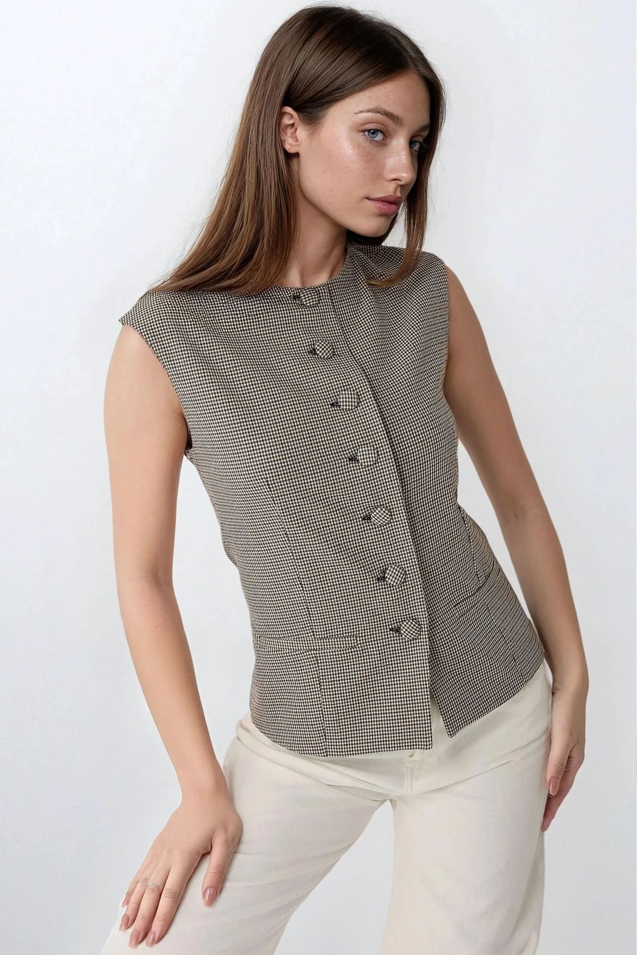 Plaid Fitted Crew Neck Waistcoat