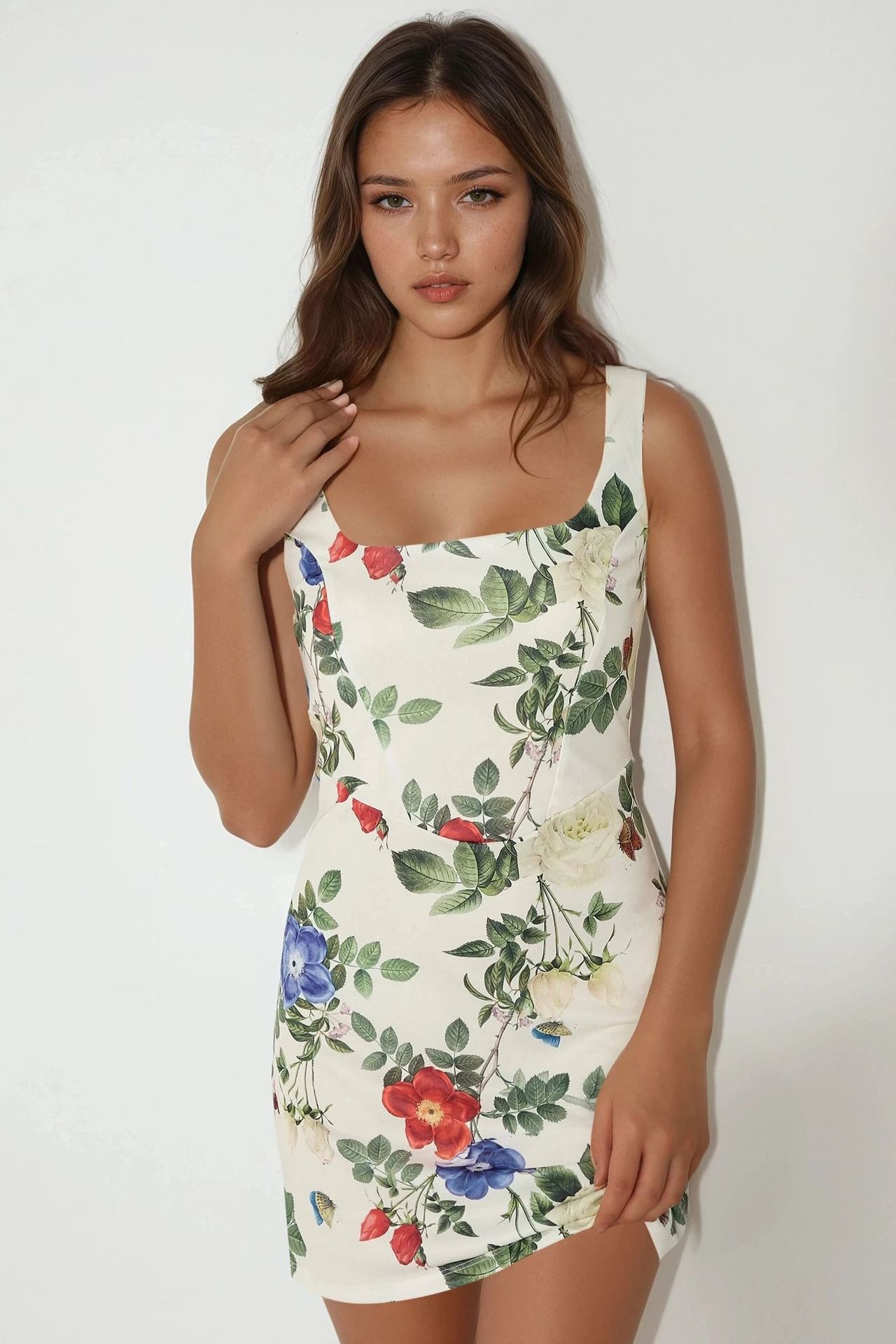 Bodycon Mini Dress with Square Collar and Floral Print