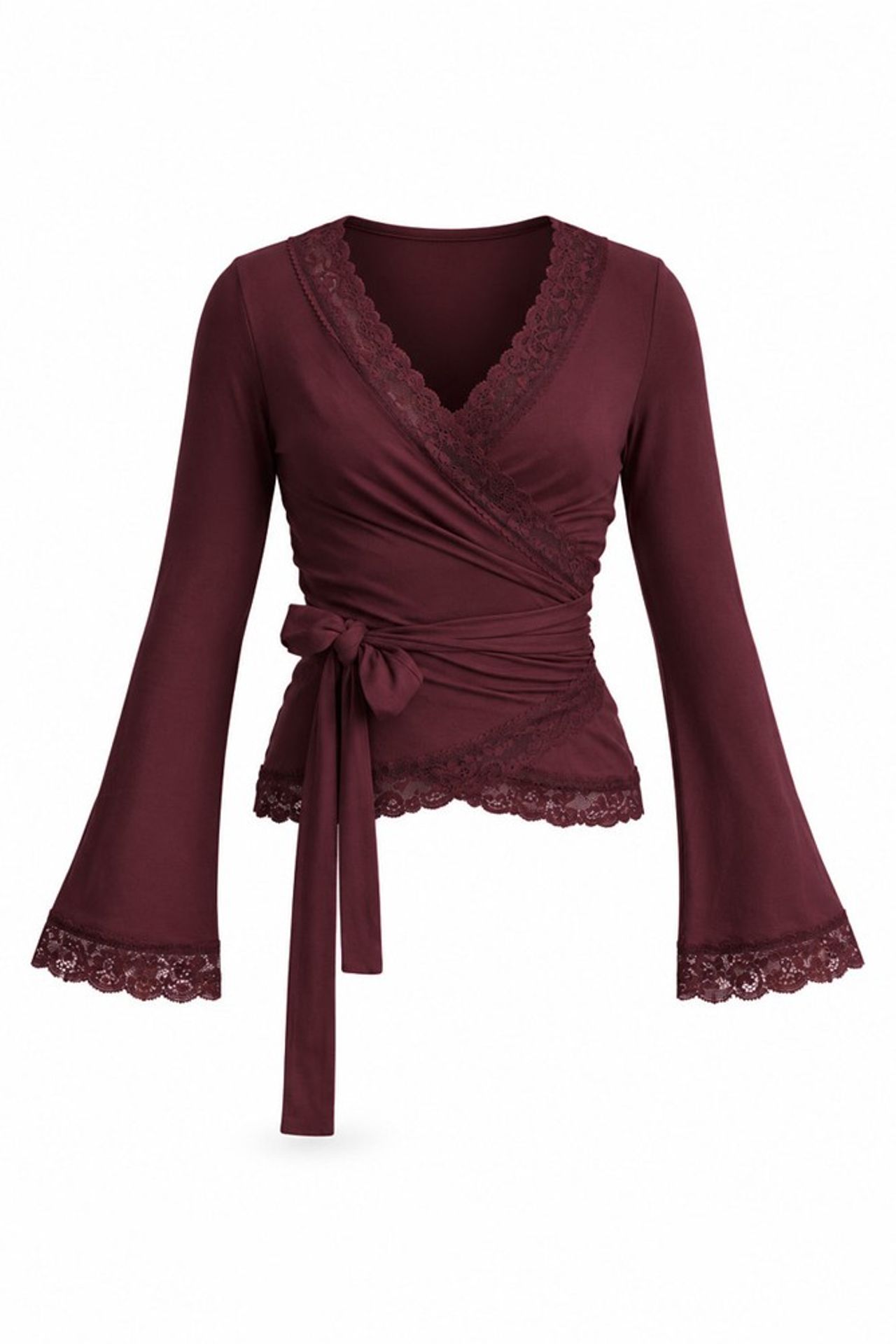 Lace Detail Wrap Neck Long Sleeve Tie Blouse 1